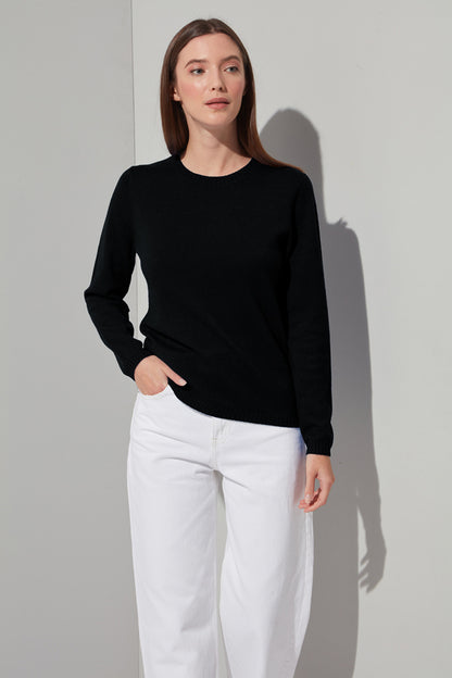Girocollo in Maglia Rasata in Puro Cashmere Nero