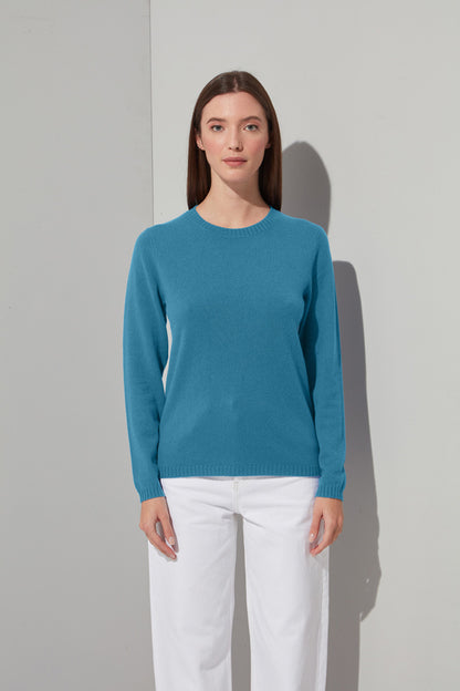 Girocollo in Maglia Rasata in Puro Cashmere Turchese