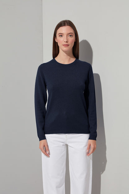 Girocollo in Maglia Rasata in Puro Cashmere Notte