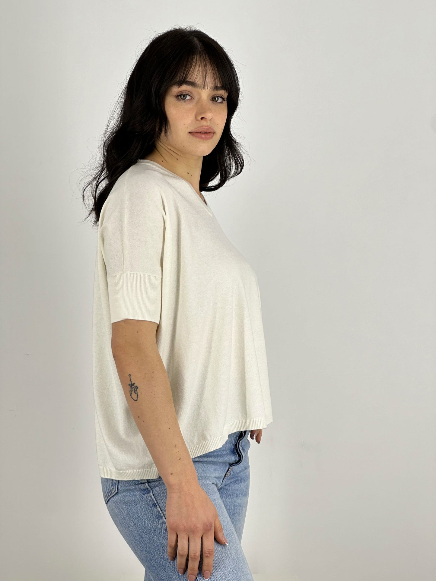Cotton - Silk - Cashmere V-Neck Top with Half Sleeves