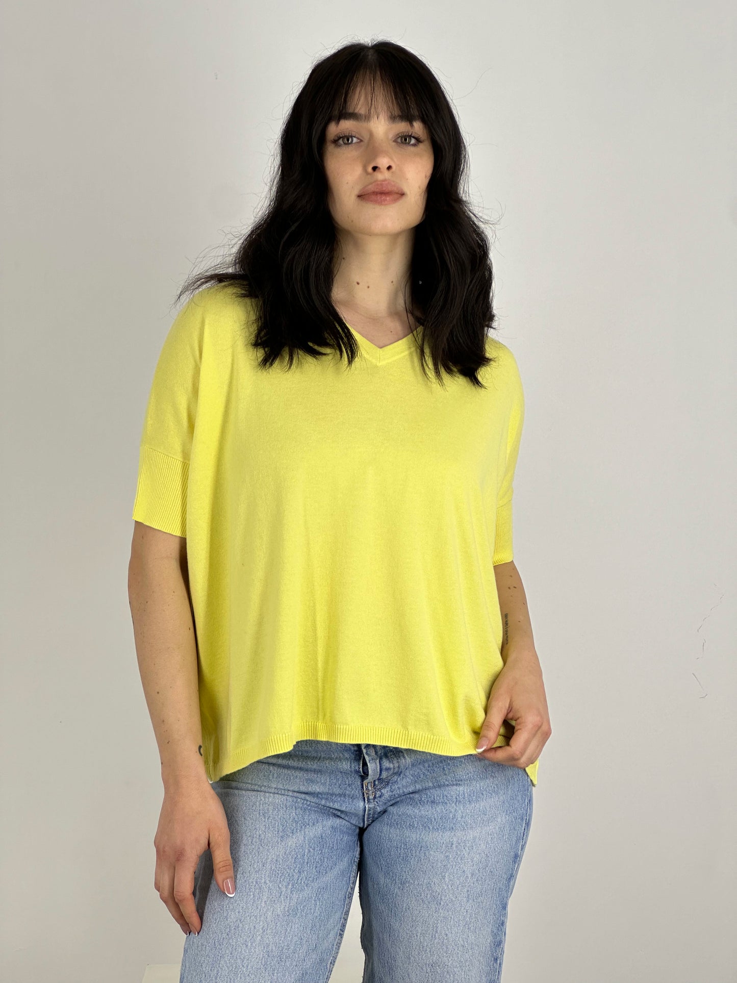 Cotton - Silk - Cashmere V-Neck Top with Half Sleeves