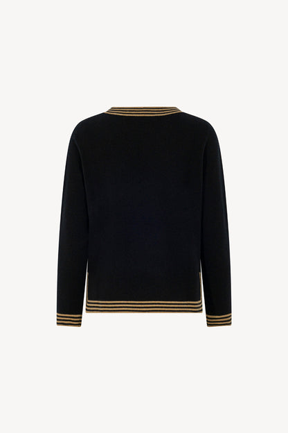 Maglia con Bordi a Righe in Puro Cashmere Nero-Cammello