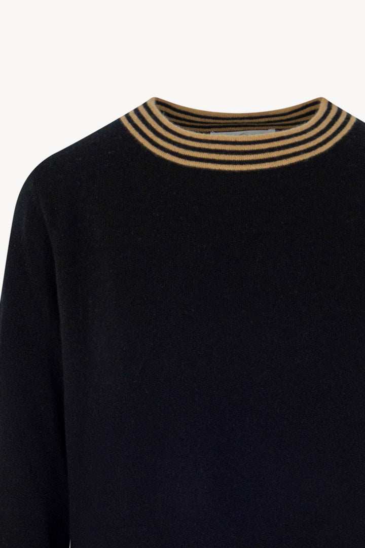 Maglia con Bordi a Righe in Puro Cashmere Nero-Cammello