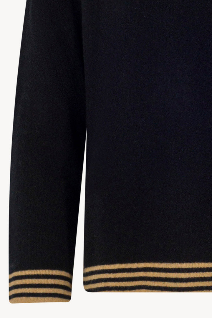 Maglia con Bordi a Righe in Puro Cashmere Nero-Cammello