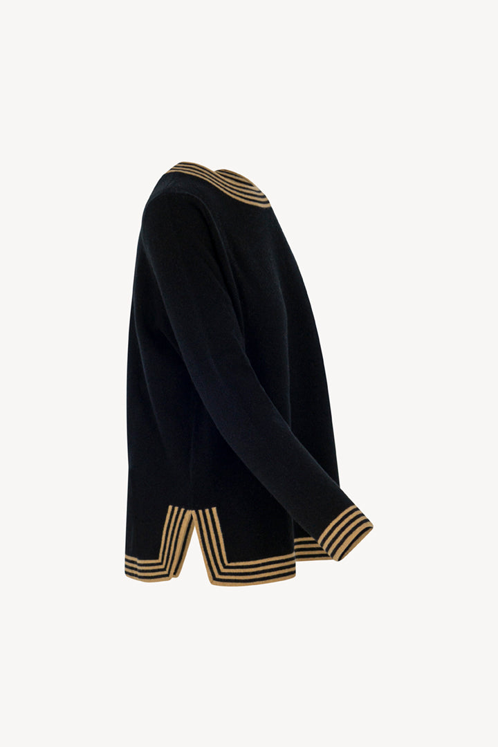 Maglia con Bordi a Righe in Puro Cashmere Nero-Cammello