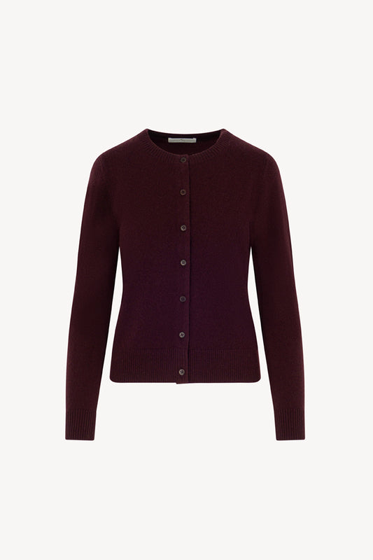 Cardigan Girocollo con gros-grain in Puro Cashmere Acero