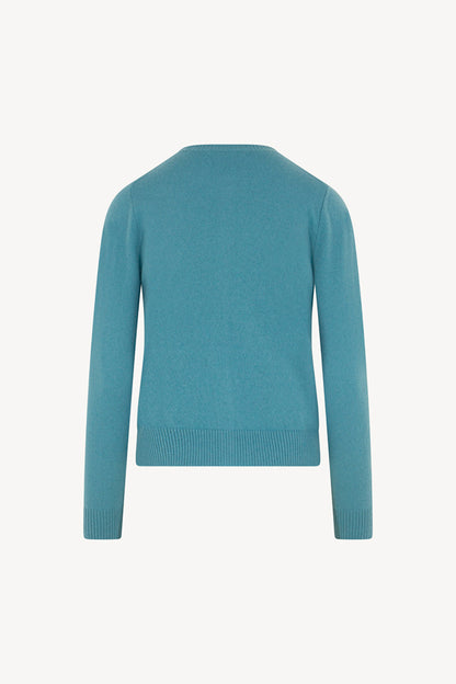 Cardigan Girocollo con gros-grain in Puro Cashmere Turchese