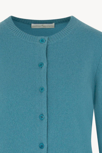 Cardigan Girocollo con gros-grain in Puro Cashmere Turchese