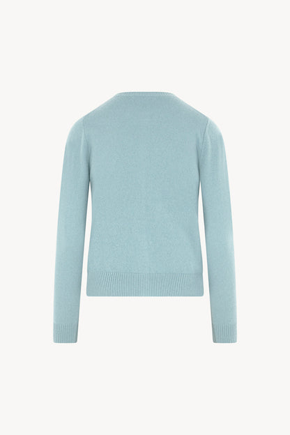 Cardigan Girocollo con gros-grain in Puro Cashmere Acquamarina