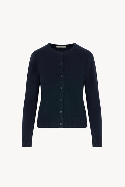 Cardigan Girocollo con gros-grain in Puro Cashmere Notte