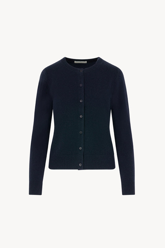 Cardigan Girocollo con gros-grain in Puro Cashmere Notte