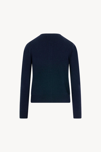 Cardigan Girocollo con gros-grain in Puro Cashmere Notte