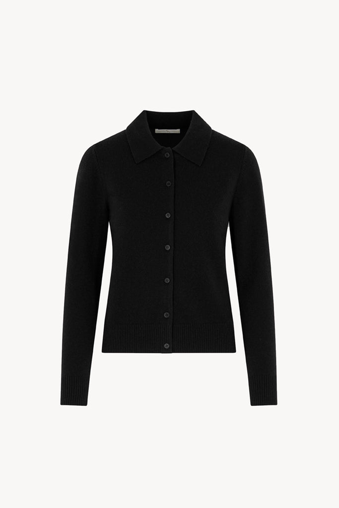 Black Pure Cashmere Shirt-collar Cardigan with Grosgrain Trim