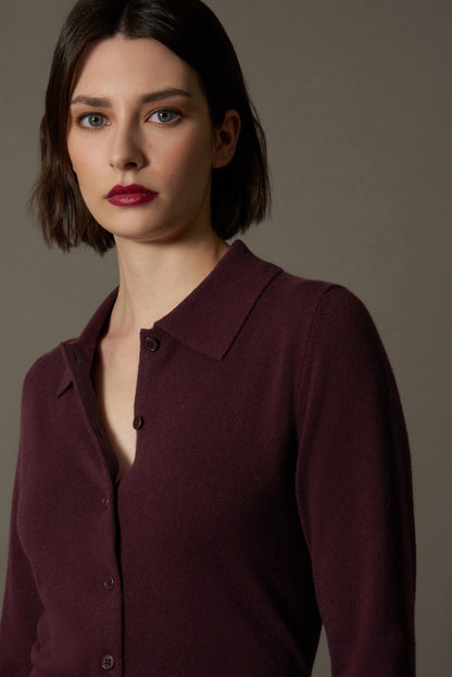 Maple Red Pure Cashmere Shirt-collar Cardigan with Grosgrain Trim
