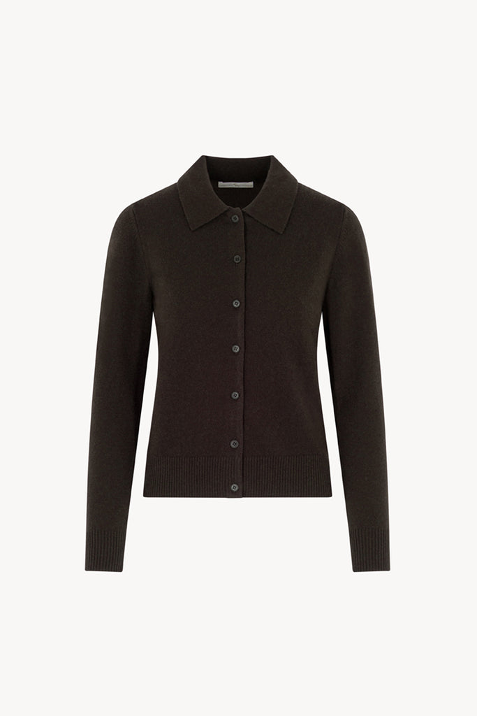 Mocha Pure Cashmere Shirt-collar Cardigan with Grosgrain Trim
