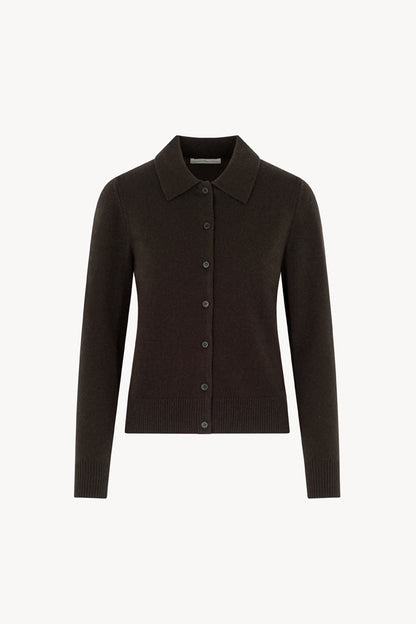 Mocha Pure Cashmere Shirt-collar Cardigan with Grosgrain Trim