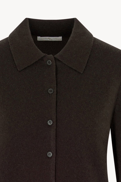 Mocha Pure Cashmere Shirt-collar Cardigan with Grosgrain Trim