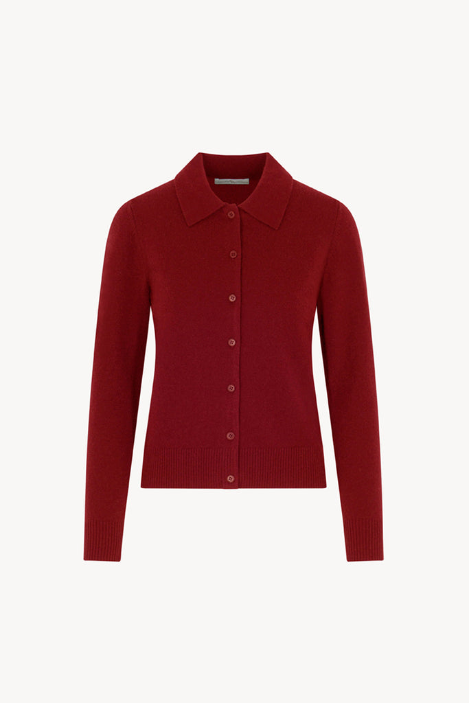 Ruby Red Pure Cashmere Shirt-collar Cardigan with Grosgrain Trim