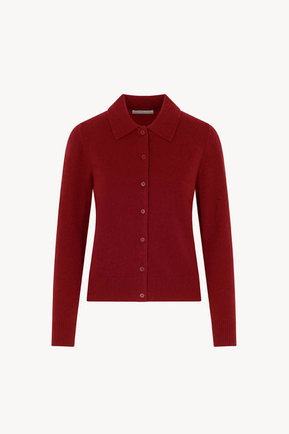 Ruby Red Pure Cashmere Shirt-collar Cardigan with Grosgrain Trim