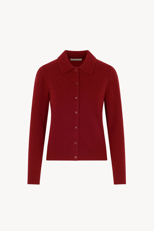 Cardigan collo a Camicia con gros-grain in Puro Cashmere Rubino