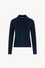 Midnight Blue Pure Cashmere Shirt-collar Cardigan with Grosgrain Trim