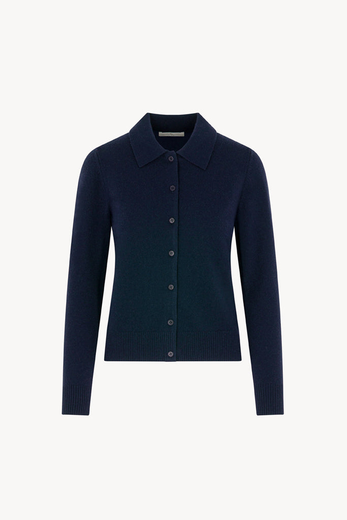 Midnight Blue Pure Cashmere Shirt-collar Cardigan with Grosgrain Trim