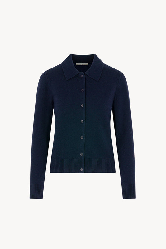 Cardigan collo a Camicia con gros-grain in Puro Cashmere Notte