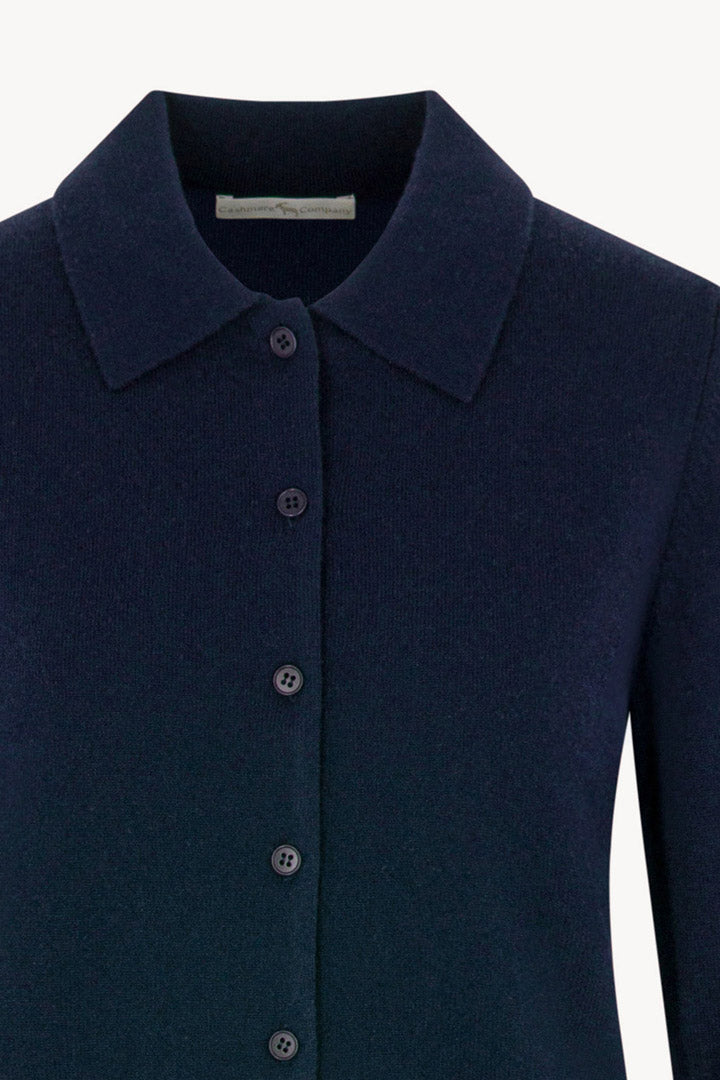 Midnight Blue Pure Cashmere Shirt-collar Cardigan with Grosgrain Trim