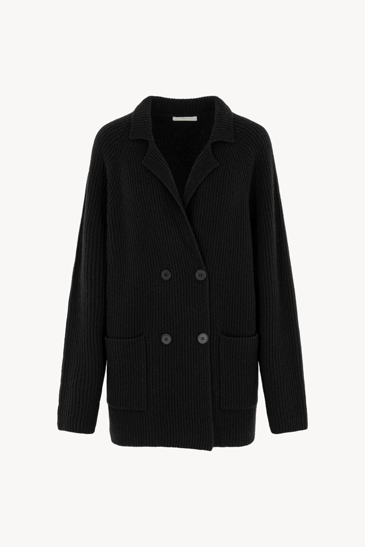 Black Pure Cashmere Double-Breasted Cardigan in English Rib Knit