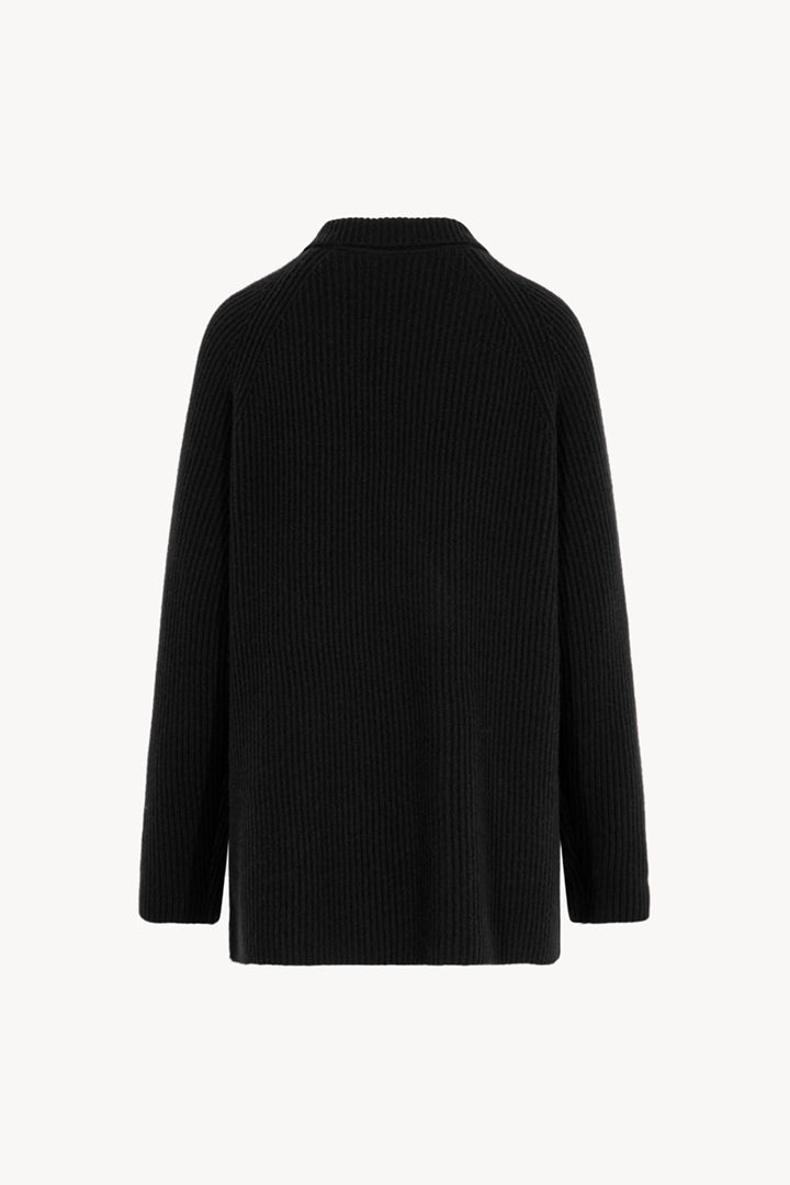 Black Pure Cashmere Double-Breasted Cardigan in English Rib Knit