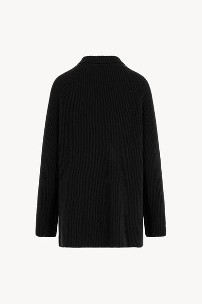 Black Pure Cashmere Double-Breasted Cardigan in English Rib Knit