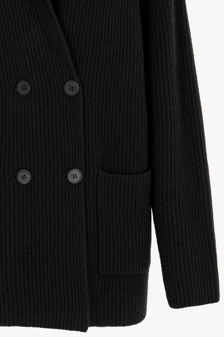 Black Pure Cashmere Double-Breasted Cardigan in English Rib Knit