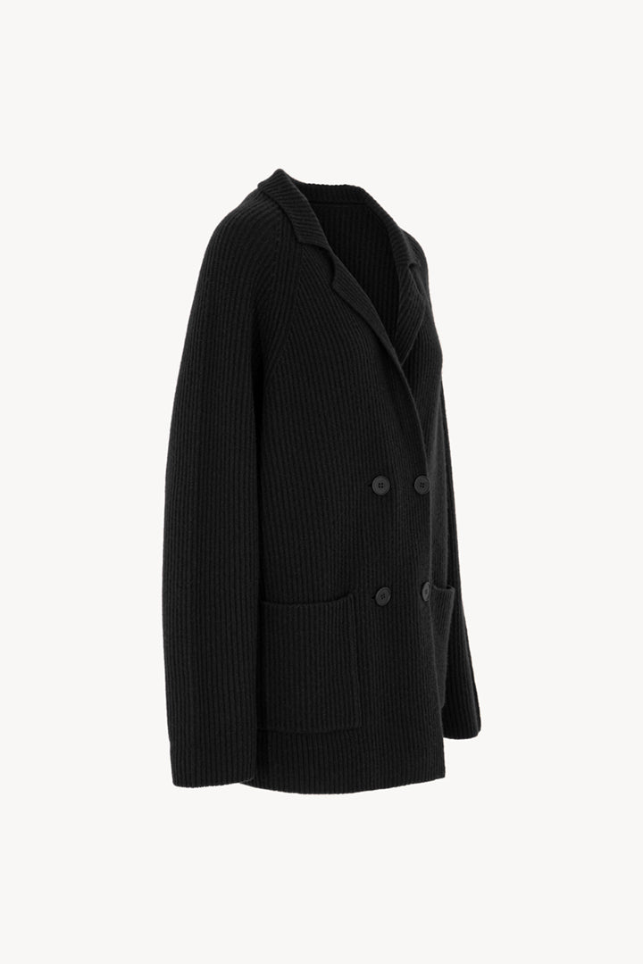 Black Pure Cashmere Double-Breasted Cardigan in English Rib Knit