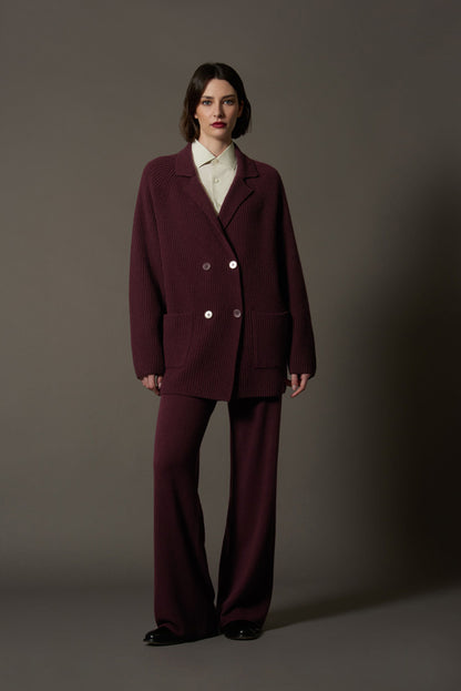 Maple Red Pure Cashmere Double-Breasted Cardigan in English Rib Knit