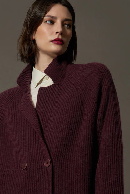 Maple Red Pure Cashmere Double-Breasted Cardigan in English Rib Knit