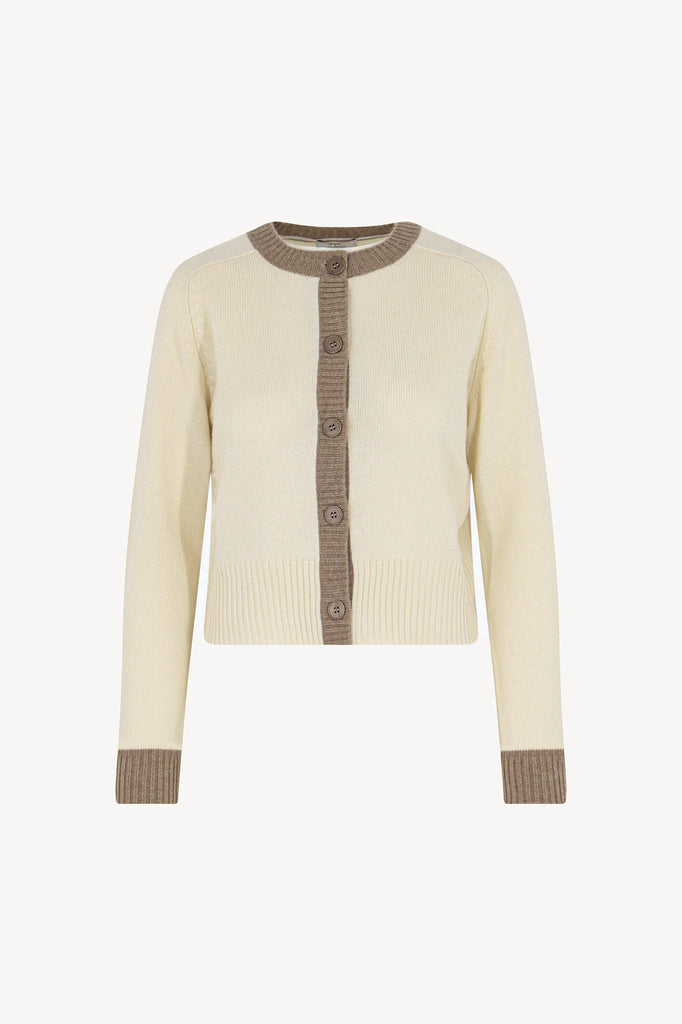 Cardigan con Bordi a Contrasto in Puro Cashmere Latte
