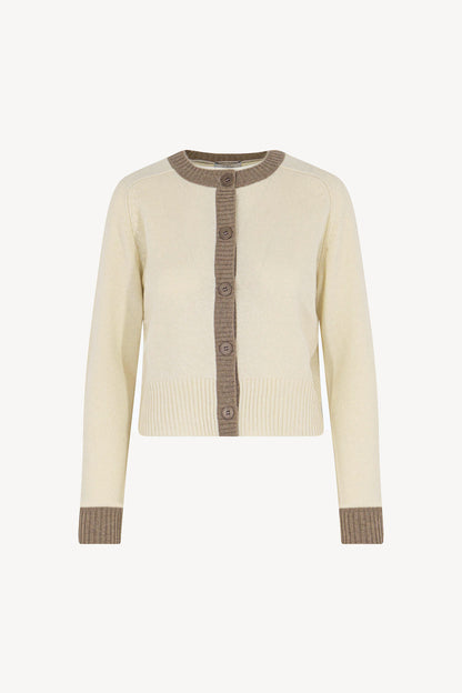 Cardigan con Bordi a Contrasto in Puro Cashmere Latte