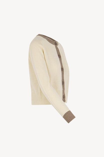 Cardigan con Bordi a Contrasto in Puro Cashmere Latte
