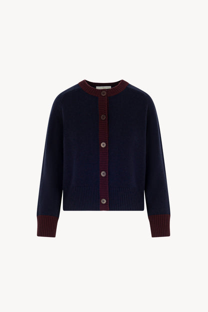 Cardigan con Bordi a Contrasto in Puro Cashmere Notte