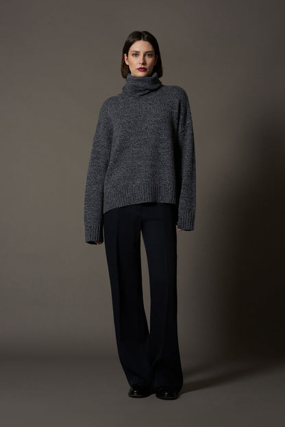 Maglia 8 fili con Collo ad Anello in Puro Cashmere Moulinè Notte