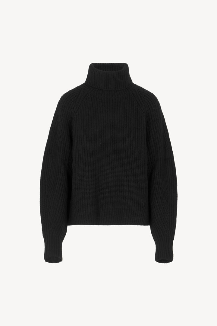 Black Pure Cashmere 8-Ply English Rib Knit Turtleneck Sweater