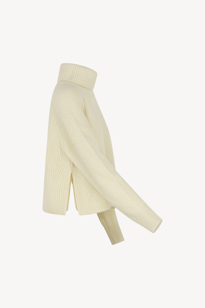 Ivory Pure Cashmere 8-Ply English Rib Knit Turtleneck Sweater
