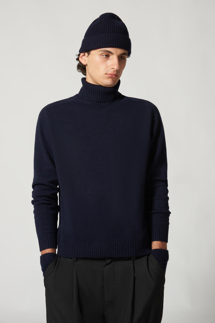 Berretto Unisex a Coste in Puro Cashmere Navy - Modello Corto