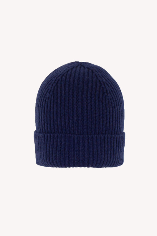 Berretto Unisex a Coste in Puro Cashmere Ink Blue - Modello Corto