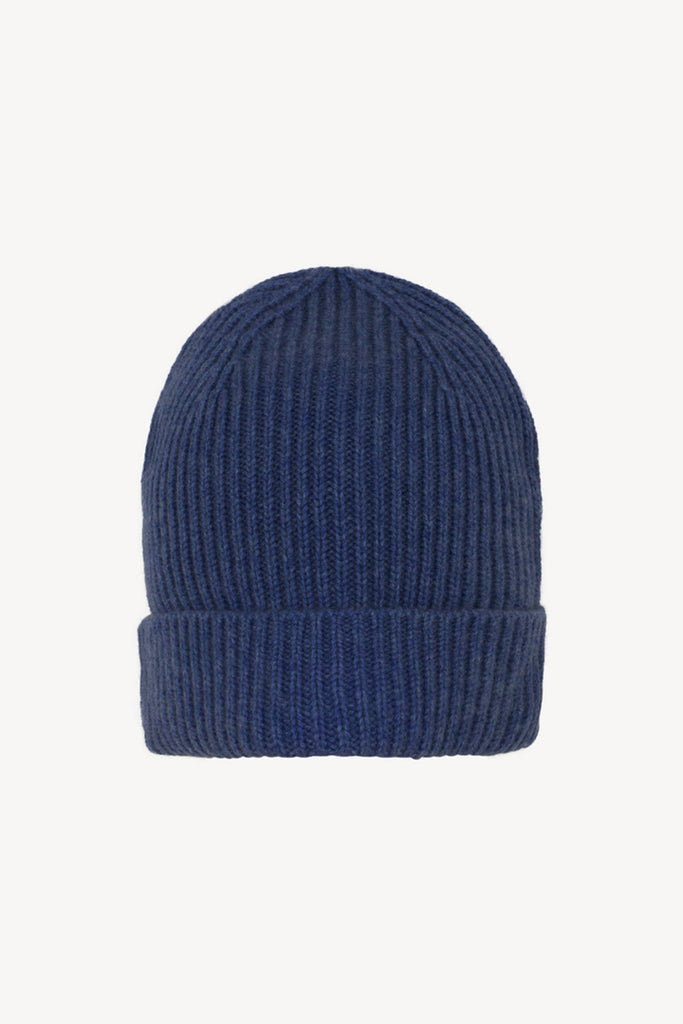 Berretto Unisex a Coste in Puro Cashmere Denim Scuro - Modello Corto