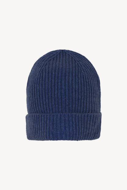 Berretto Unisex a Coste in Puro Cashmere Denim Scuro - Modello Corto