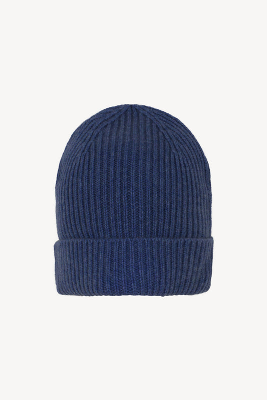 Berretto Unisex a Coste in Puro Cashmere Denim Scuro - Modello Corto