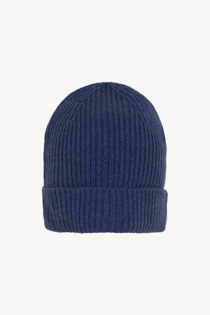 Berretto Unisex a Coste in Puro Cashmere Denim Scuro - Modello Corto