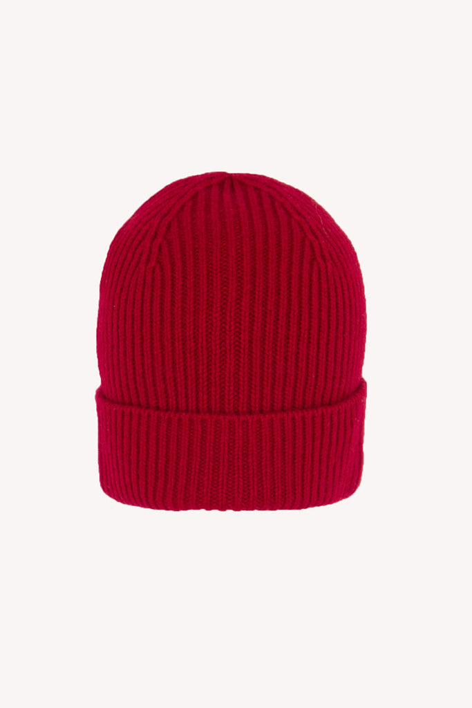 Berretto Unisex a Coste in Puro Cashmere Rubino - Modello Lungo