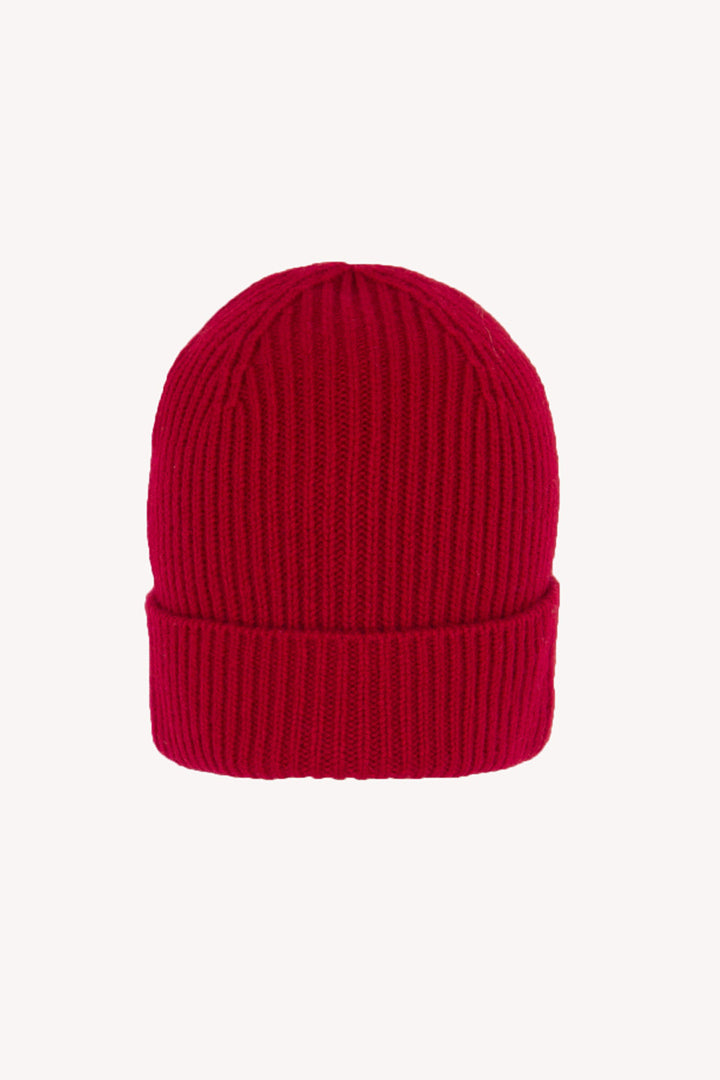 Berretto Unisex a Coste in Puro Cashmere Rubino - Modello Lungo